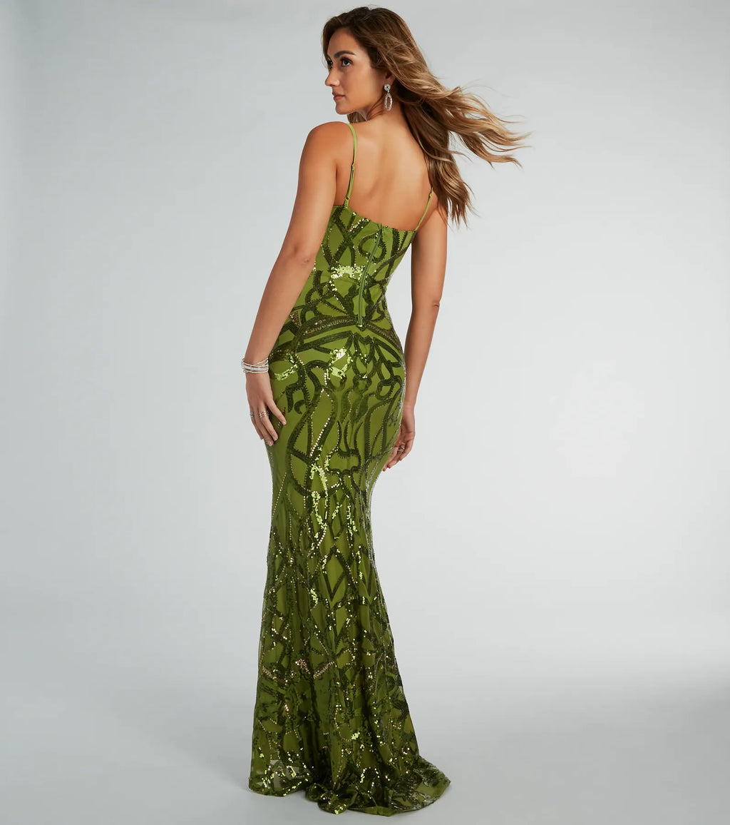 Sielle Sequin Strapless Mermaid Formal Dress Olive