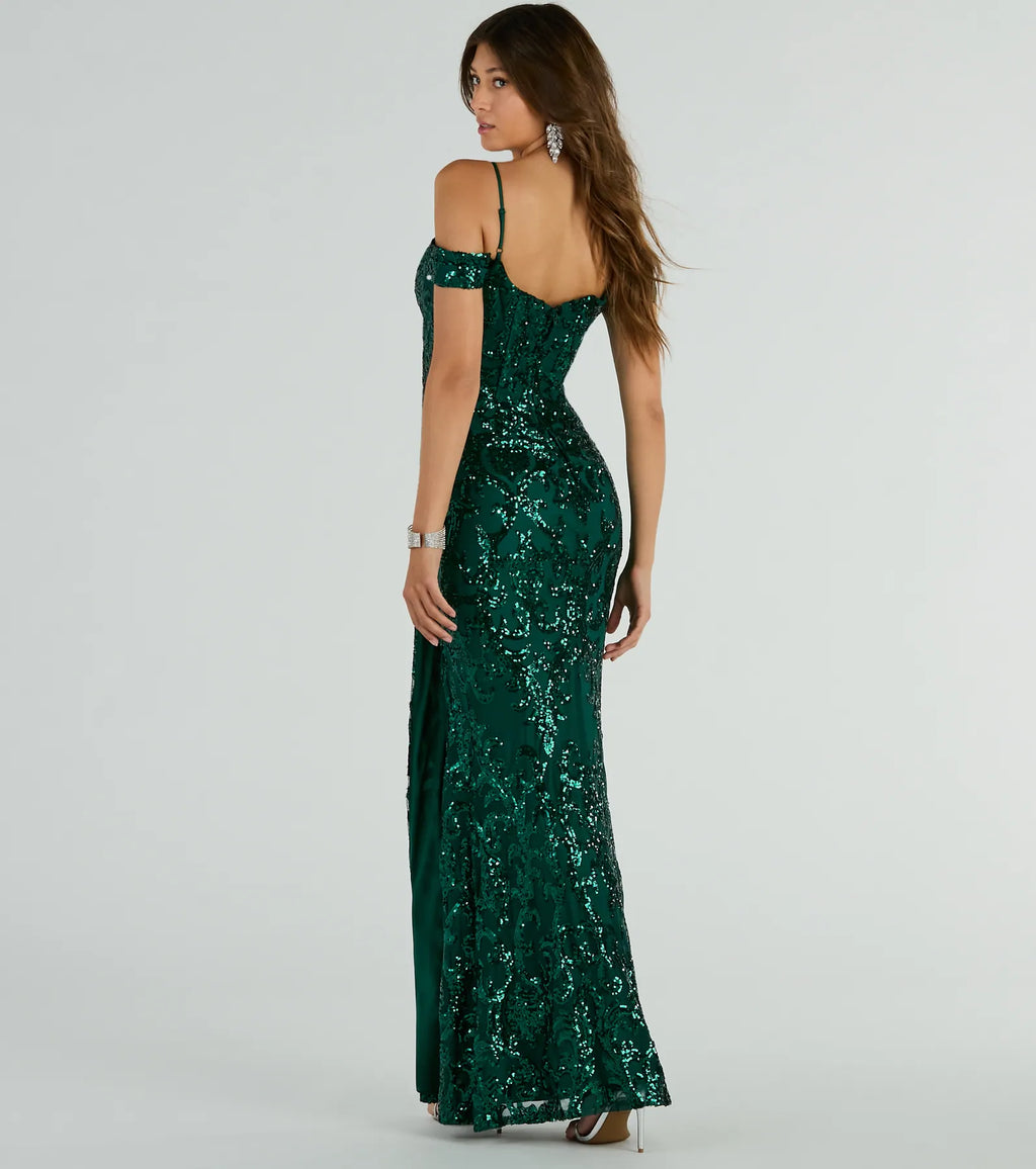 Nevaeh Off-The-Shoulder Sequin Mermaid Formal Dress Pink Hunter