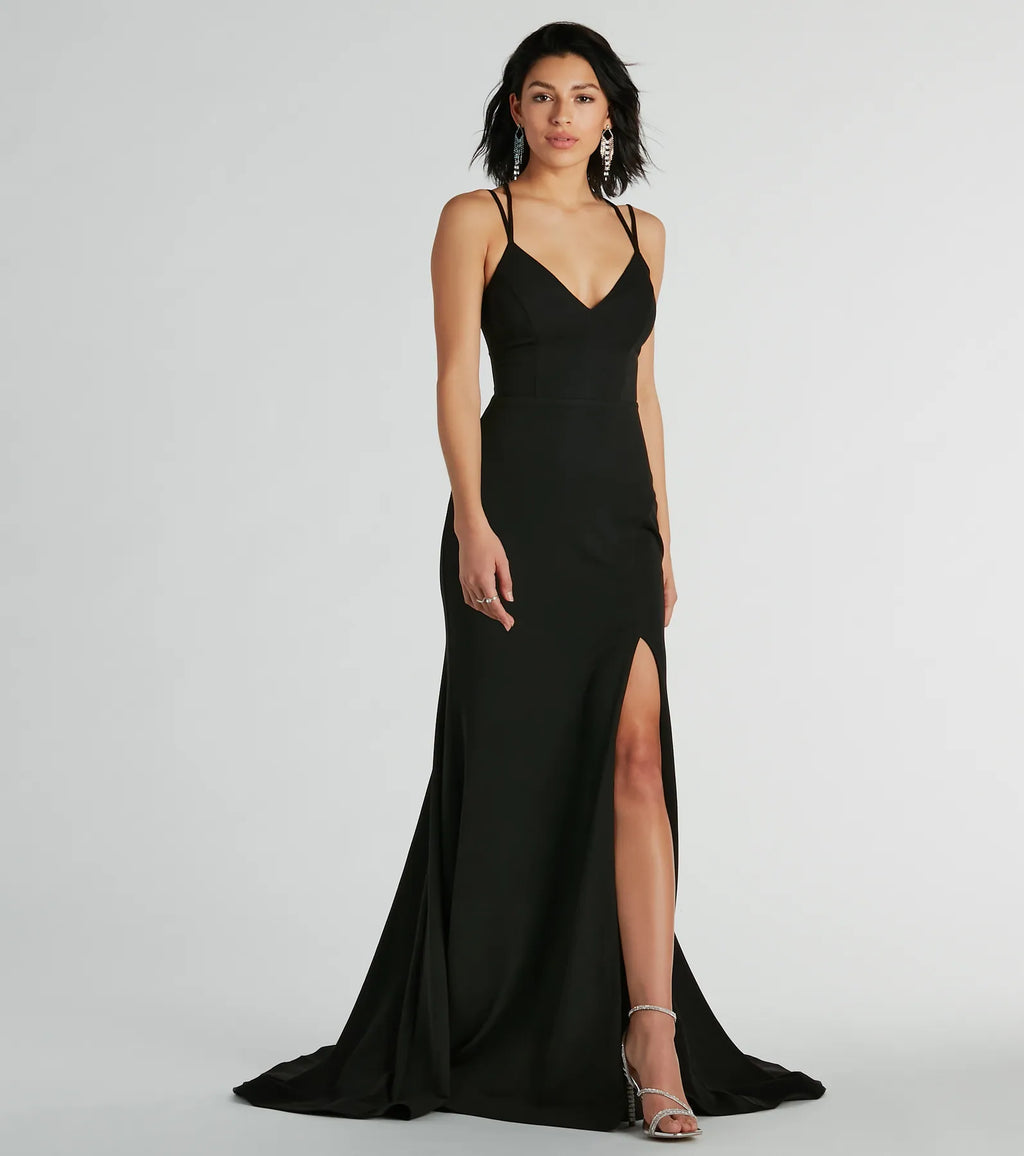 Gabriela V-neck lace-up mermaid crepe formal dress Black Royal