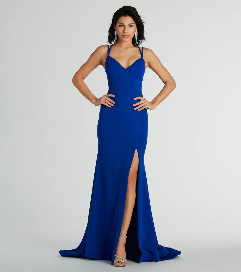 Gabriela V-neck lace-up mermaid crepe formal dress Black Royal