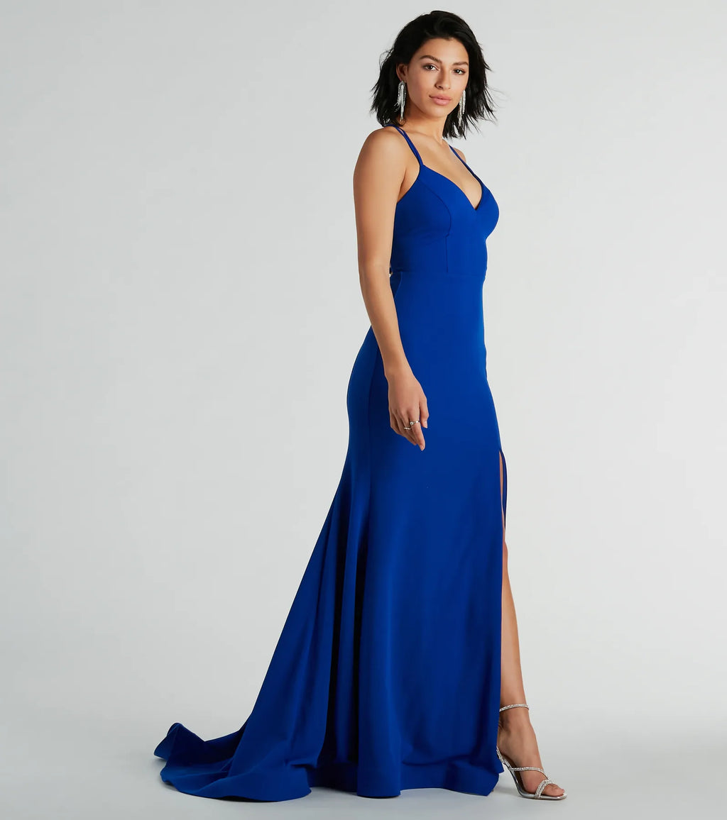 Gabriela V-neck lace-up mermaid crepe formal dress Black Royal