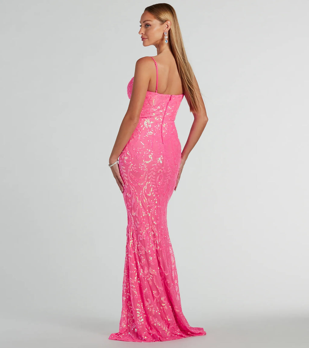 Julissa V-neck Sequin Knit Mermaid Dress Neon Pink Sage