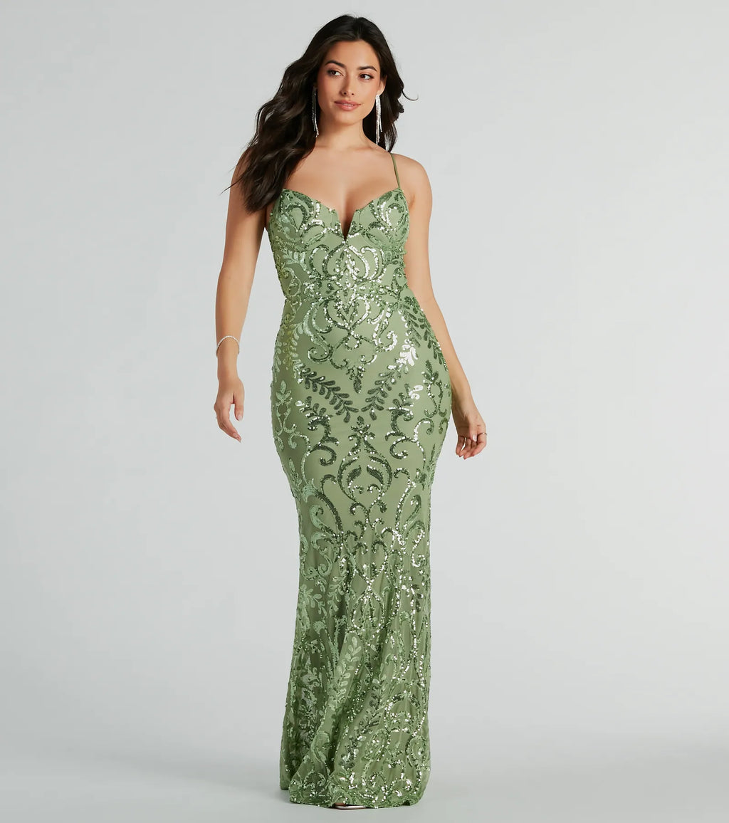 Julissa V-neck Sequin Knit Mermaid Dress Neon Pink Sage