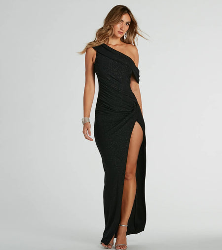 Maxine One-Shoulder Sequin Slim Formal Dress Black Red