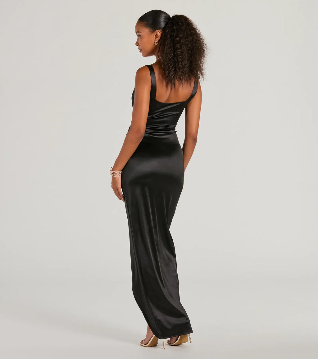 Rebecca satin fitted formal dress Fuchsia Sage Pink Royal Black Gold Denim Sage-2