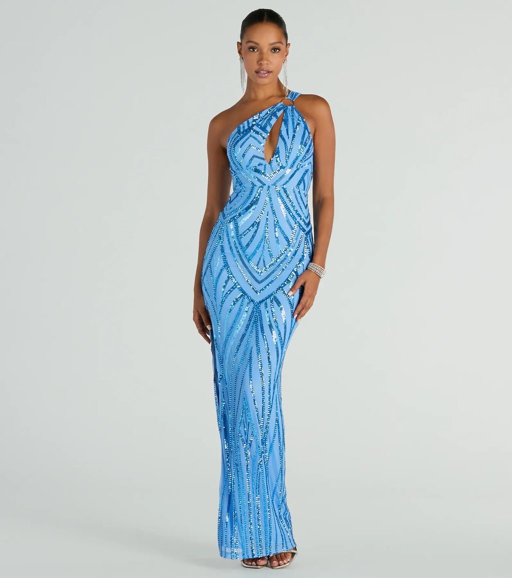 Stacey One-Shoulder Cutout Sequin Formal Dress Periwinkle