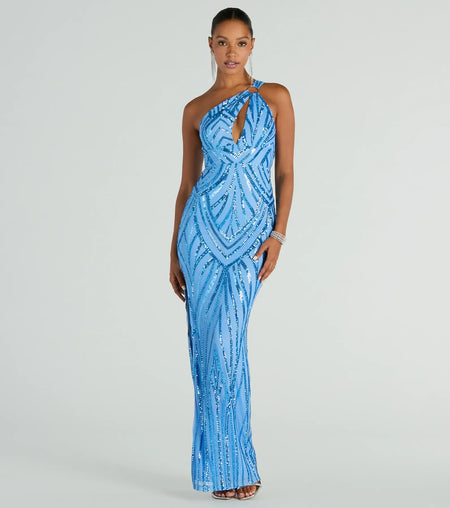 Stacey One-Shoulder Cutout Sequin Formal Dress Periwinkle