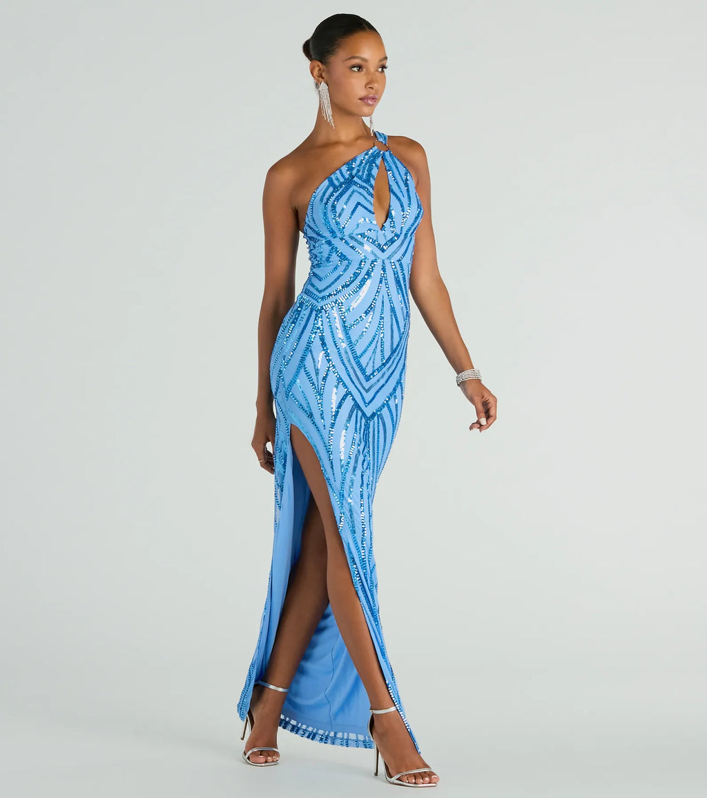 Stacey One-Shoulder Cutout Sequin Formal Dress Periwinkle