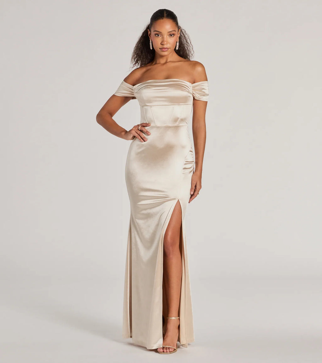 Laura Off-The-Shoulder Satin Mermaid Formal Dress Gold Light Blue Hunter