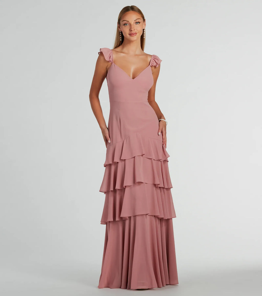 Adalee flutter-strap ruffled chiffon formal dress Mauve Navy