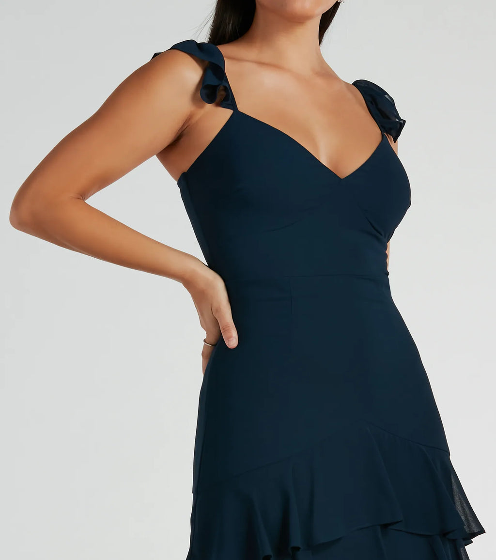 Adalee flutter-strap ruffled chiffon formal dress Mauve Navy