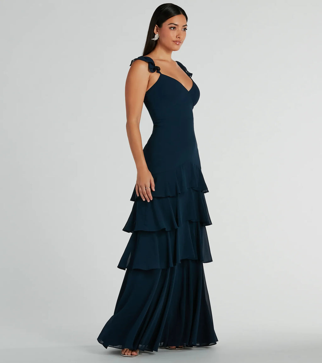 Adalee flutter-strap ruffled chiffon formal dress Mauve Navy