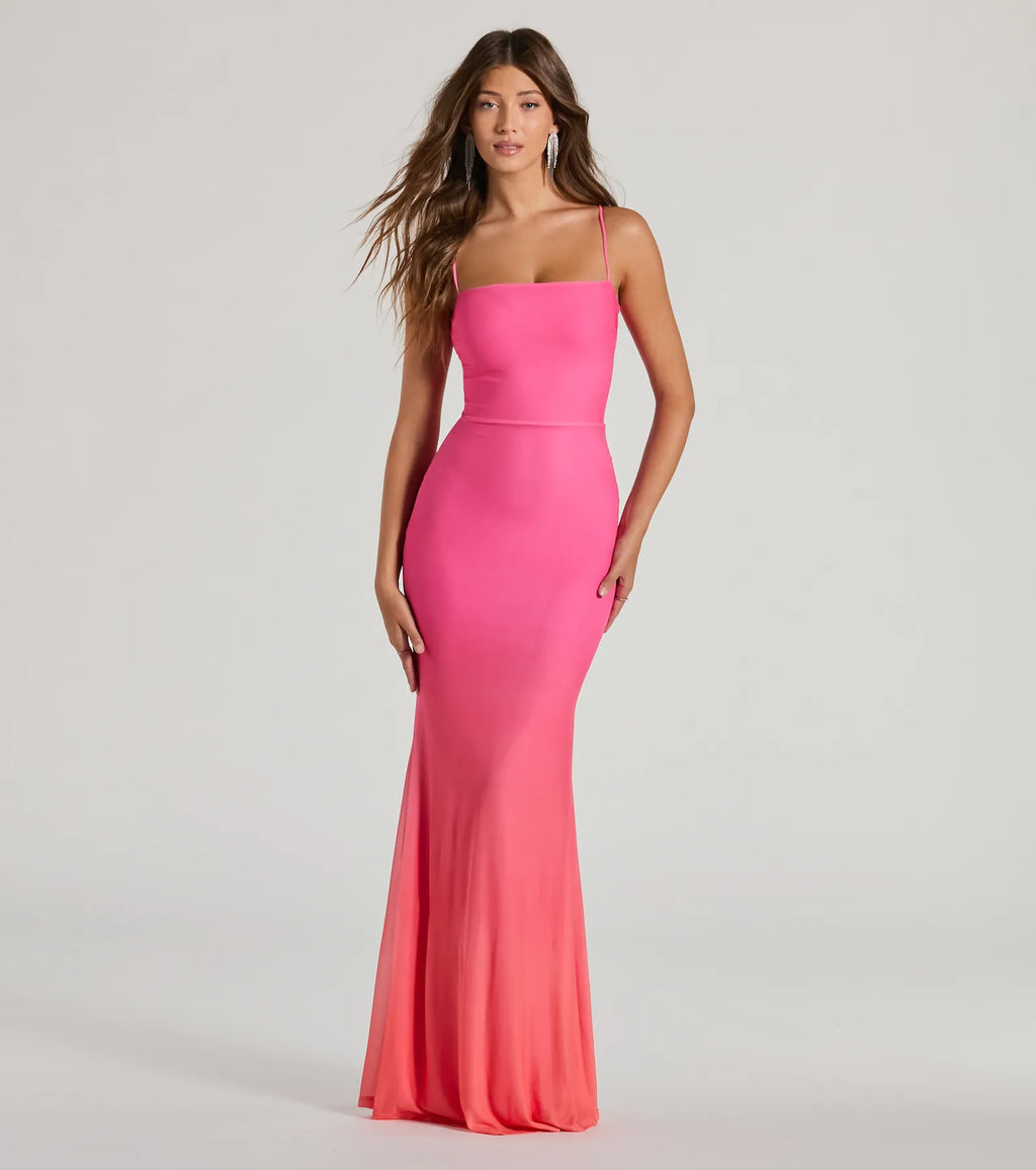 Emmalyn Ombre Mesh Lace-Up Mermaid Dress Pink