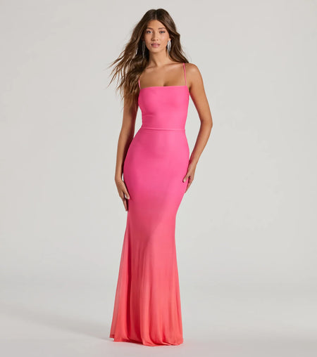 Emmalyn Ombre Mesh Lace-Up Mermaid Dress Pink