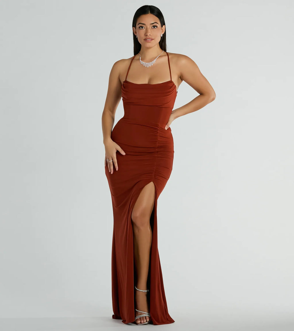 Ashley Bow Sleeveless Mermaid Formal Dress Rust Navy Hunter