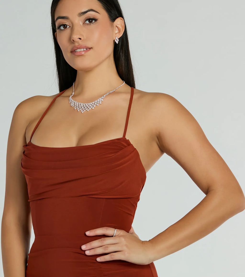 Ashley Bow Sleeveless Mermaid Formal Dress Rust Navy Hunter