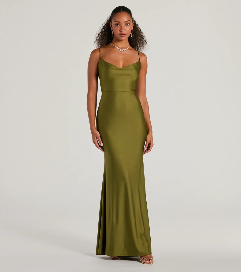 Virginia Cowl Neck Tie Back Mermaid Formal Dress Copper Olive