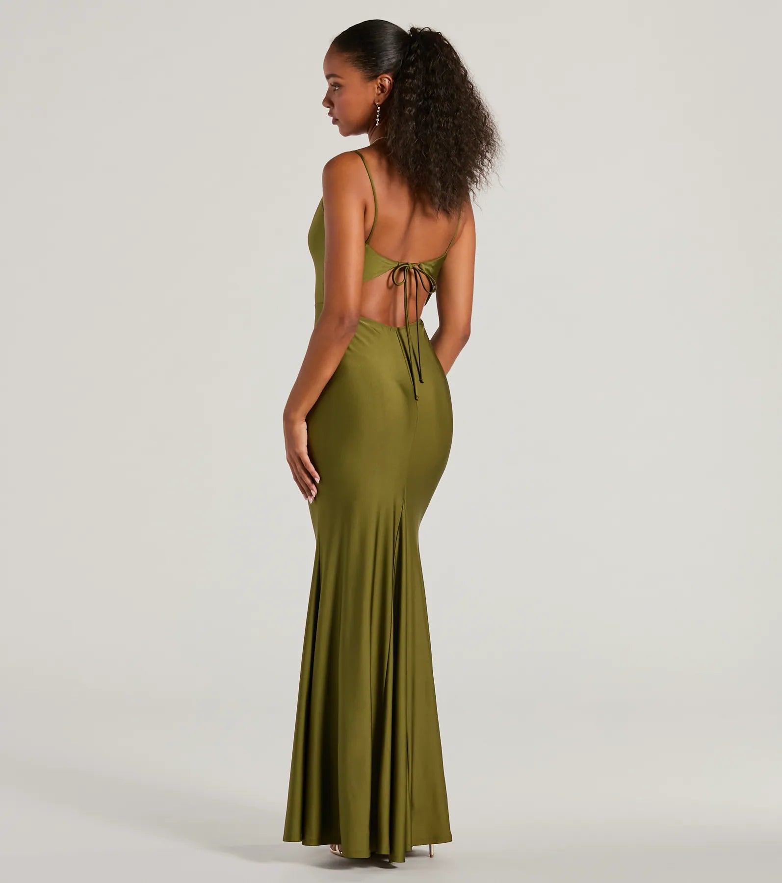 Windsor Virginia Cowl Neck Tie-Back Mermaid Formal Dress in Olive