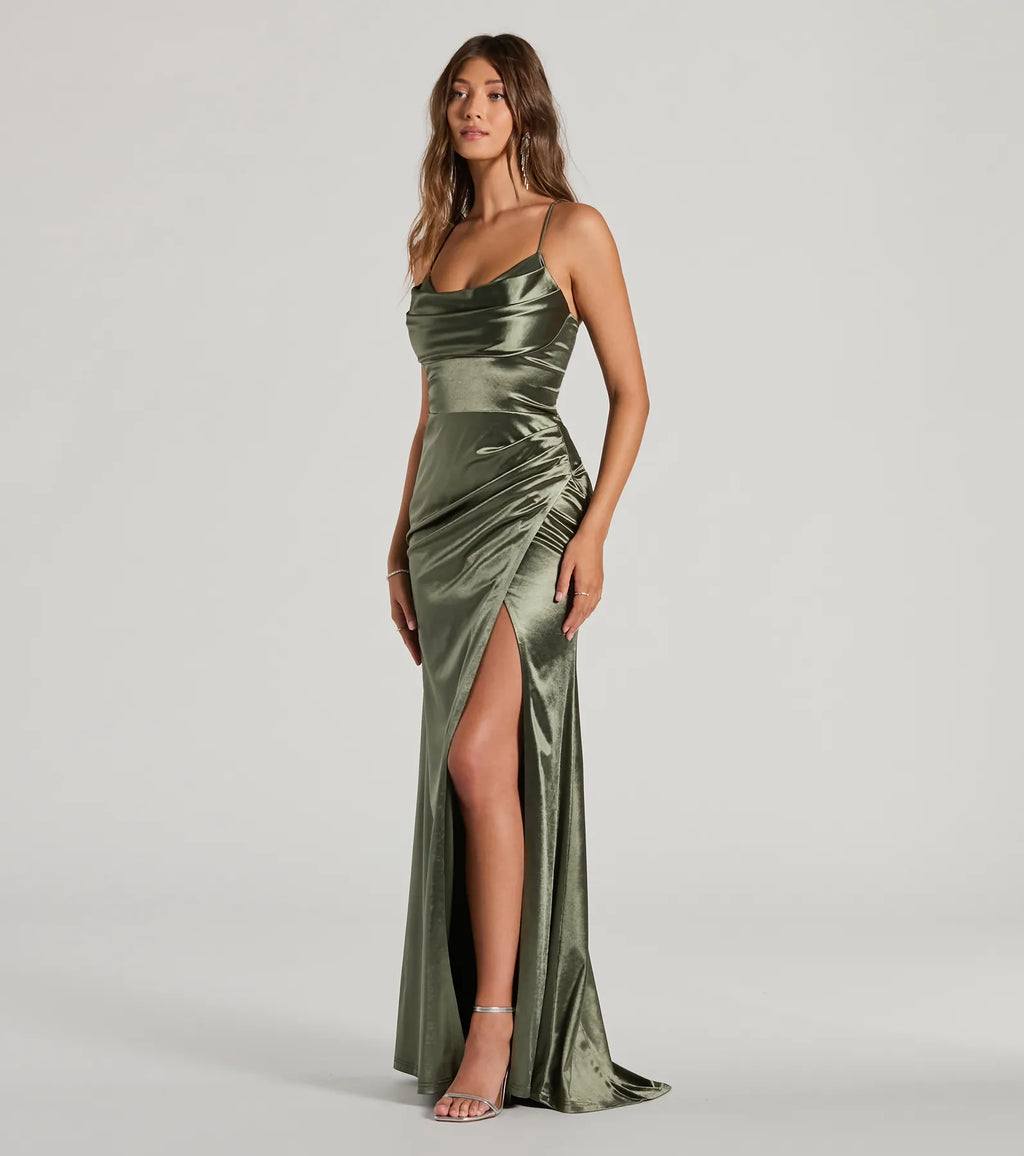 Dani Cowl Neck Lace-Up Satin A-Line Formal Dress Royal Chartreuse Lavender Olive