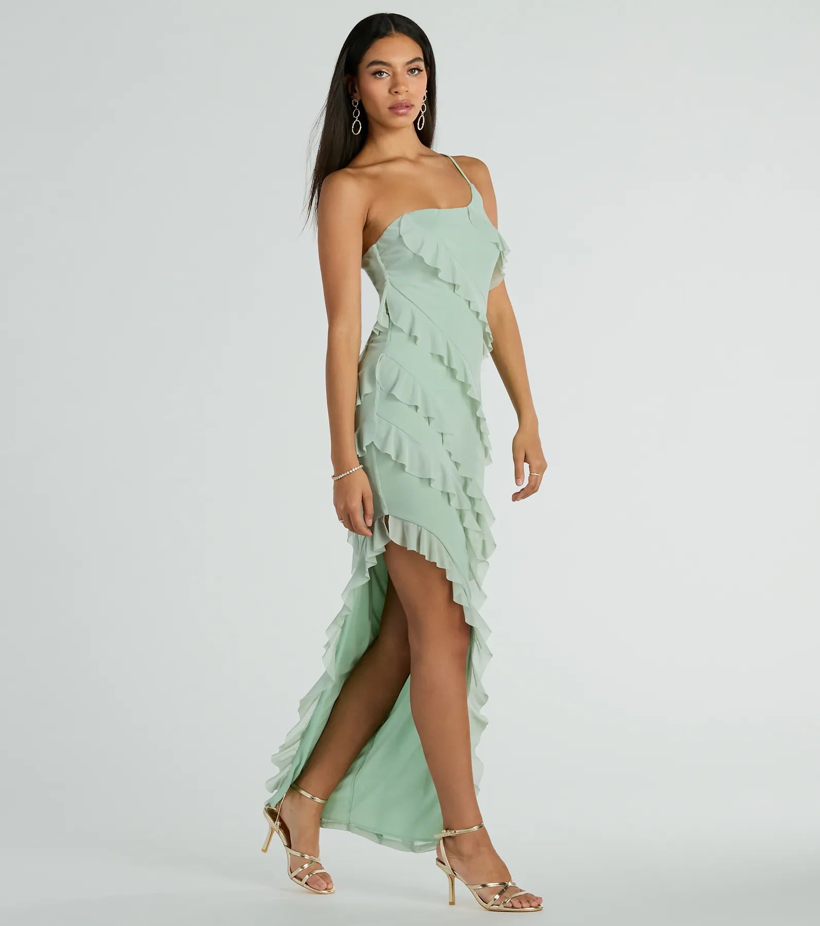 Ruffle Trim Slit Mesh One Shoulder Spaghetti Strap Evening Dress/Bridesmaid Dress