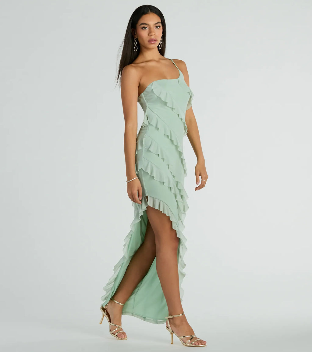 Jaymie One-Shoulder Ruffle Slit Formal Dress Sage