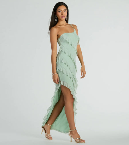 Jaymie One-Shoulder Ruffle Slit Formal Dress Sage