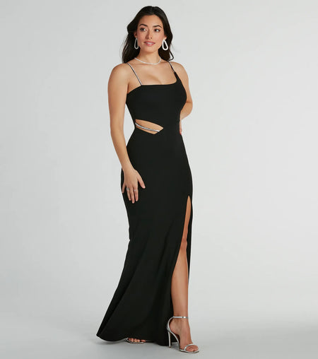 Angelique rhinestone mermaid crepe formal dress Black
