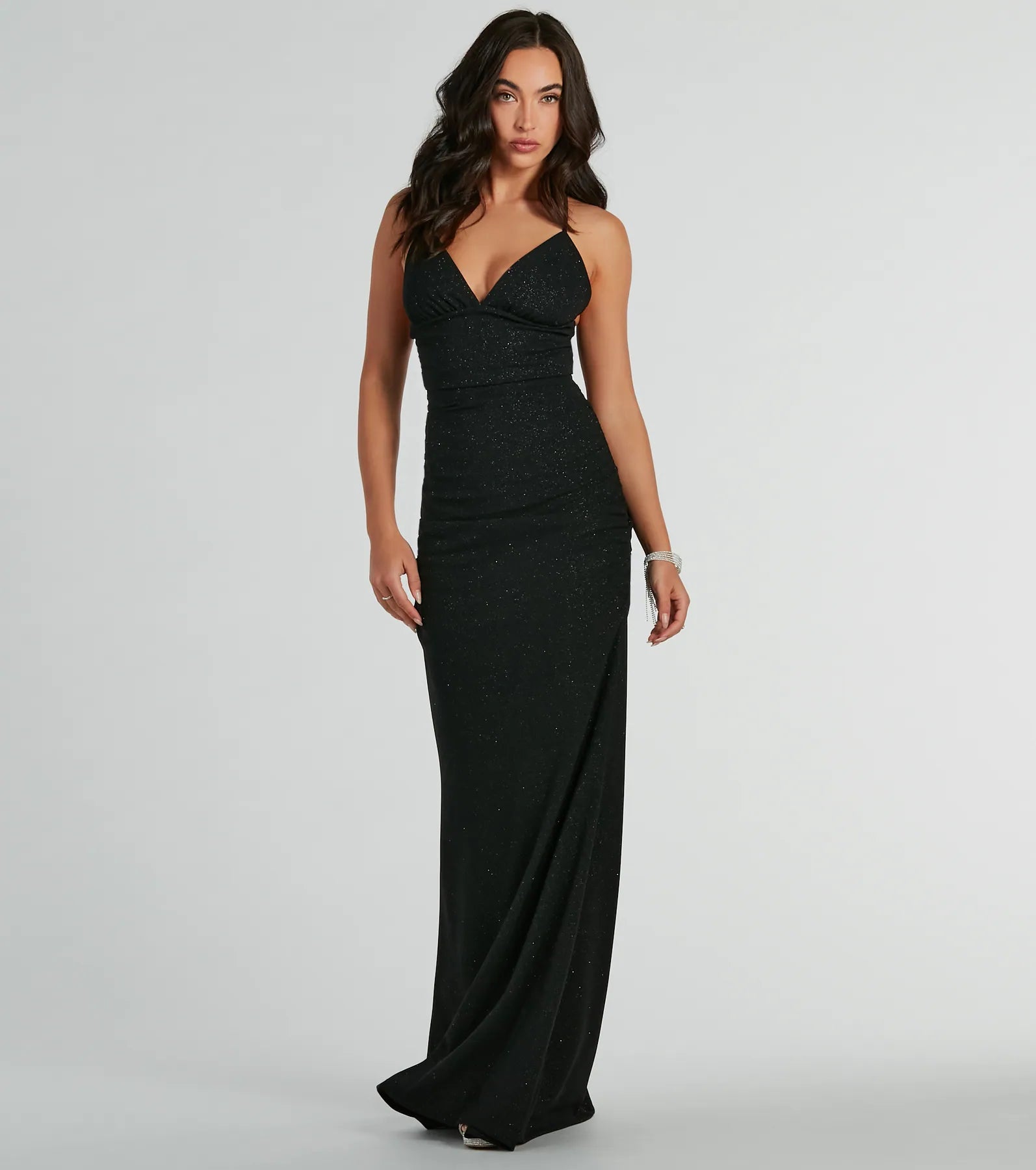 V-neck Mermaid Knit Spaghetti Strap Floor Length Lace-Up Glittering Ruched Prom Dress