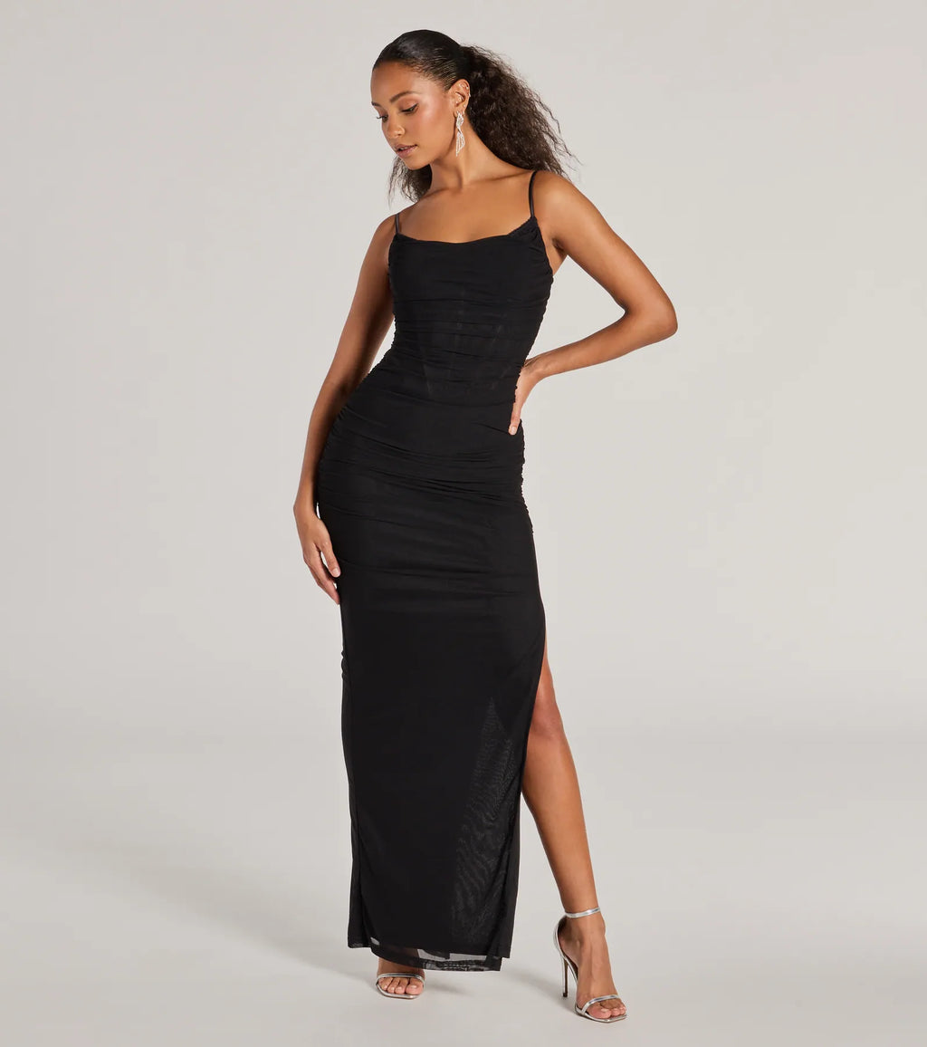 Gloria fine knit formal dress with lace corset and V-neck Black