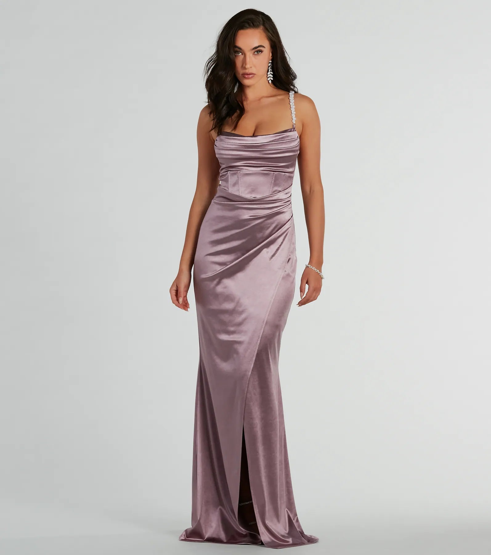 Mermaid Cowl Neck Floor Length Slit Wrap Dress With Pearls