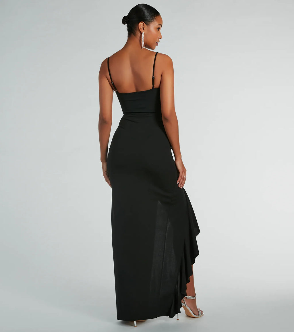 Maggie ruffled high-slit crepe formal dress White Black