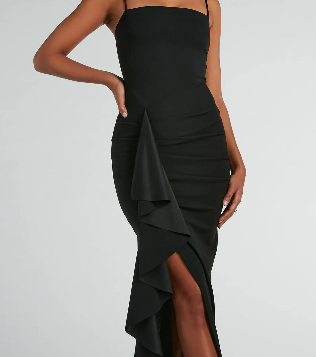 Maggie ruffled high-slit crepe formal dress White Black