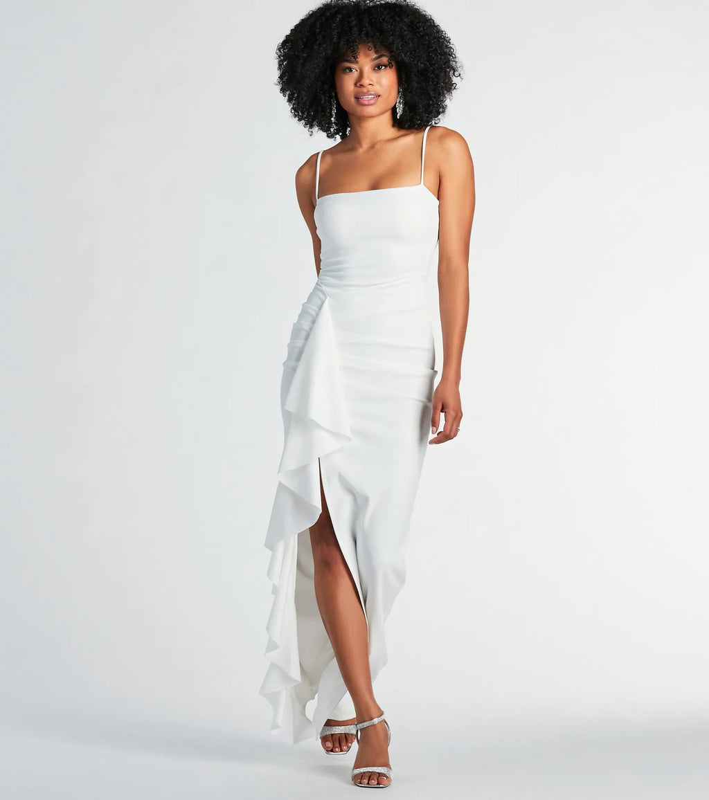 Maggie ruffled high-slit crepe formal dress White Black