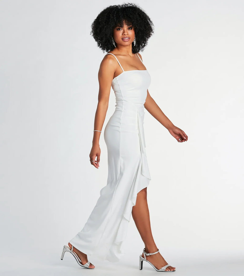 Maggie ruffled high-slit crepe formal dress White Black
