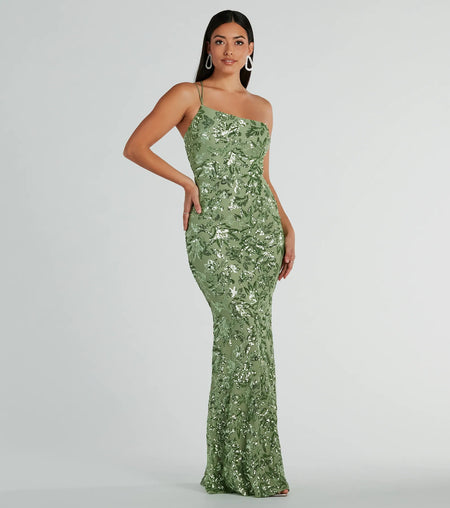 Meredith One-Shoulder Sequin Formal Dress Sage Black Lavender