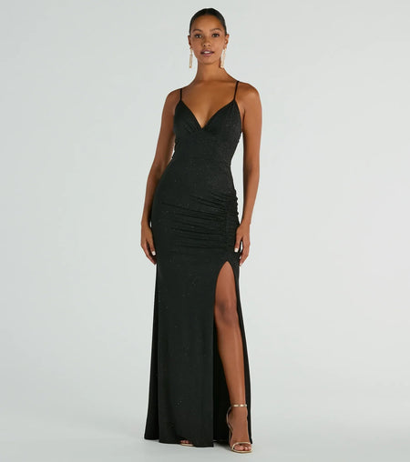 Melinda V-Neck Slit Sequin Mermaid Formal Dress Black Light Blue Lavender
