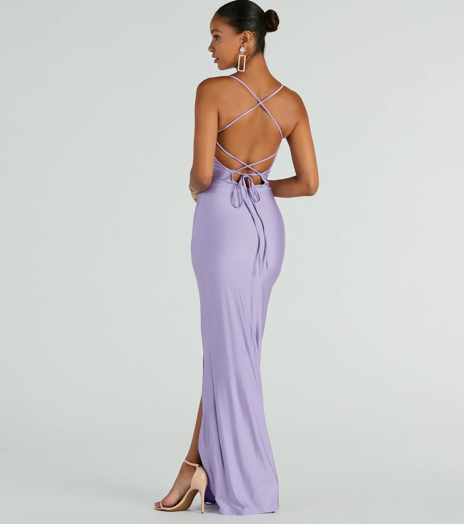 Windsor Natalie Cowl Neck Lace-Up Slit Column Dress in Lavender
