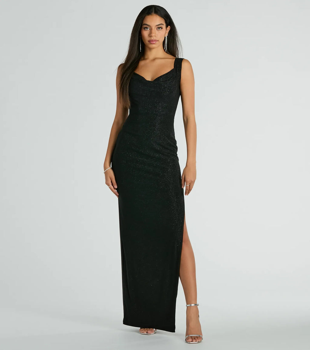Claire Low Back Sequined Mesh Formal Dress Off White Black
