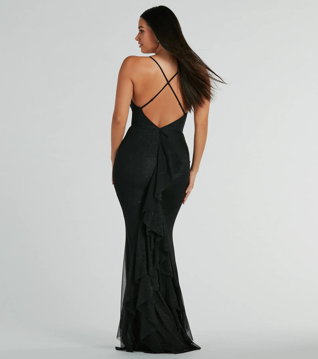 Elowyn Sequined Mesh Ruffle Back Mermaid Dress Light Blue Black