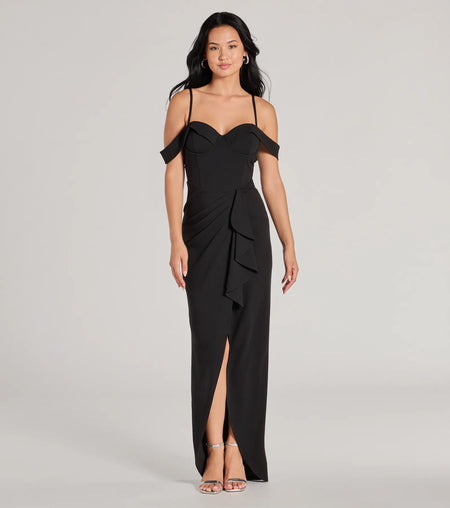 Bridget off-the-shoulder fine crepe formal dress Black