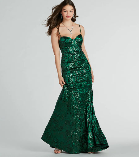Tori Sweetheart Sequined Satin Mermaid Formal Dress Hunter