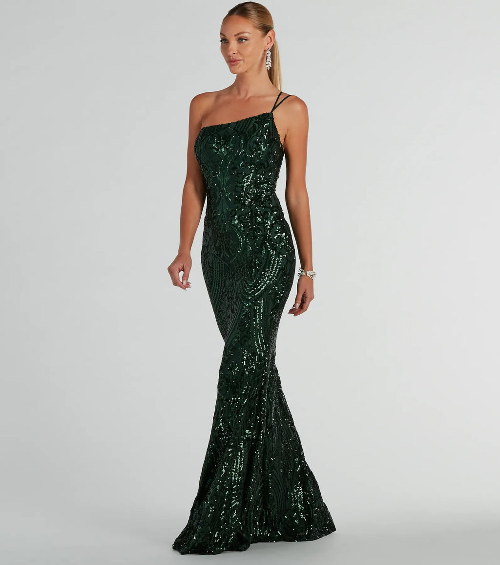 Sarah Asymmetric Sequin Mermaid Formal Dress Black Hunter