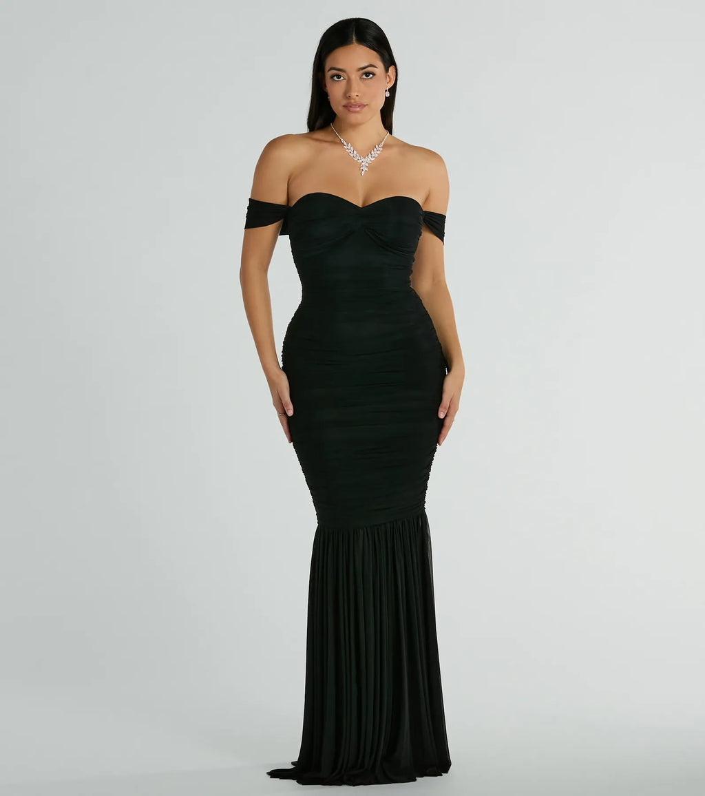 Cece Off-The-Shoulder Mermaid Mesh Formal Dress Black