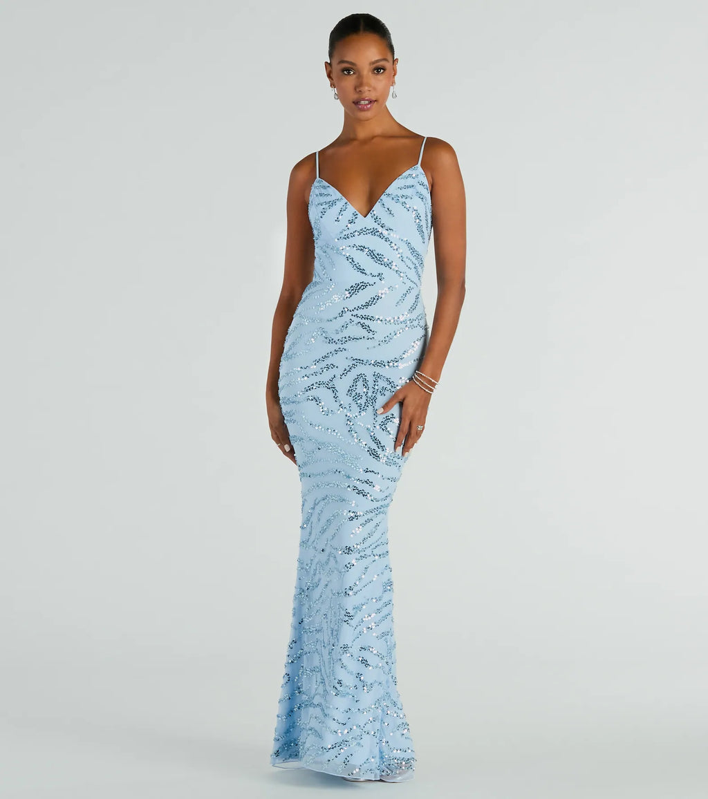 Steffanie V-Neck Sequin and Beaded Mermaid Formal Dress Light Blue