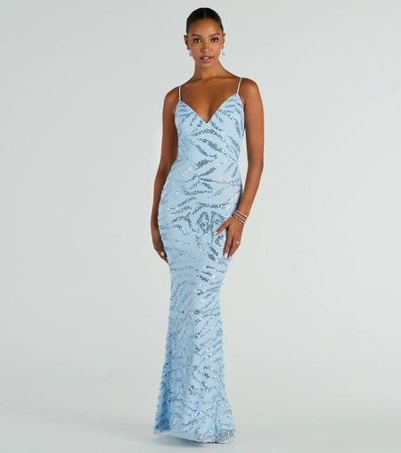 Steffanie V-Neck Sequin and Beaded Mermaid Formal Dress Light Blue