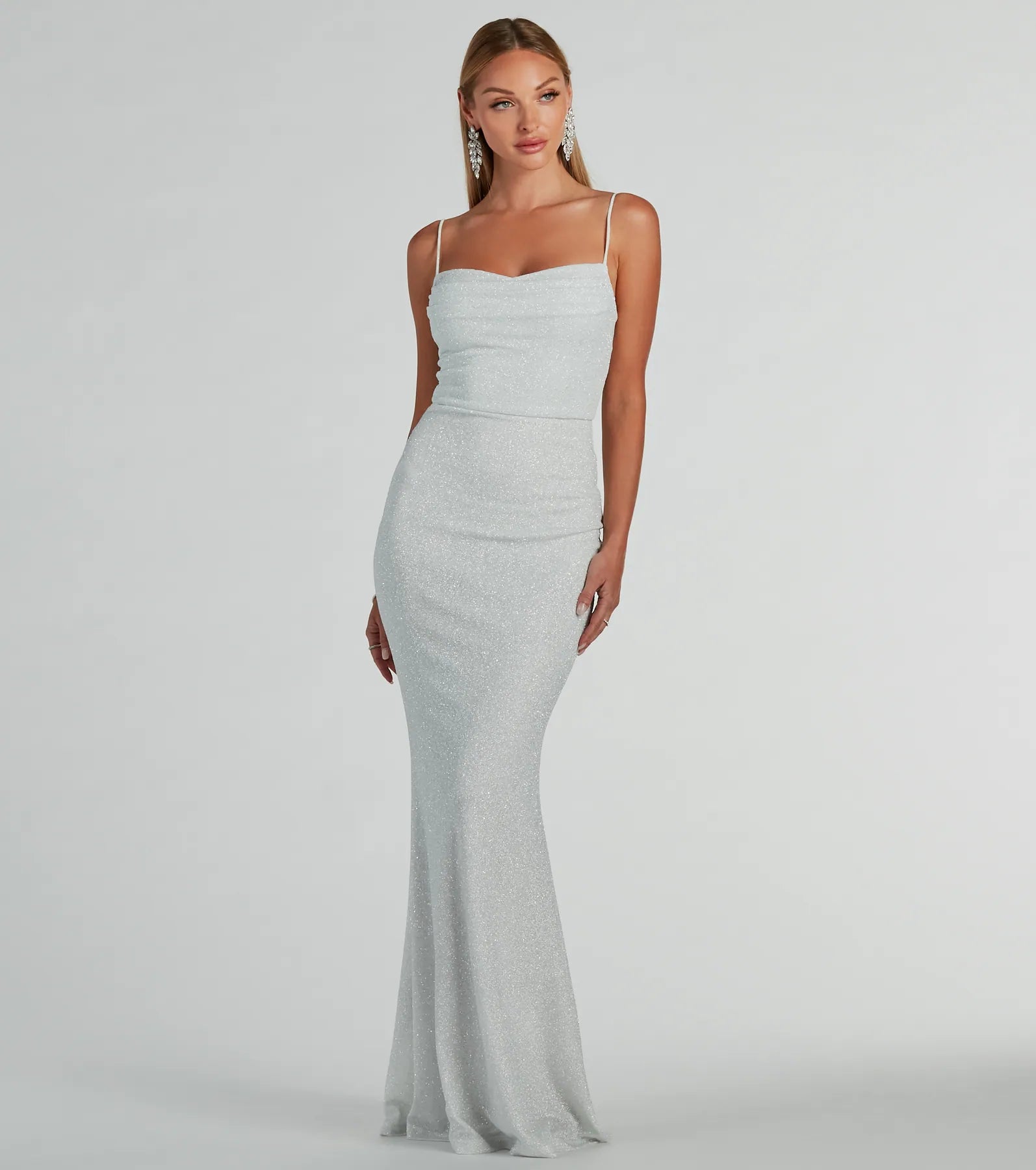 Sleeveless Spaghetti Strap Glittering Mermaid Knit Floor Length Cowl Neck Dress