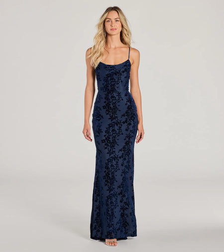 Presley Lace-Up Mermaid Velvet Knit Formal Dress Pink Navy