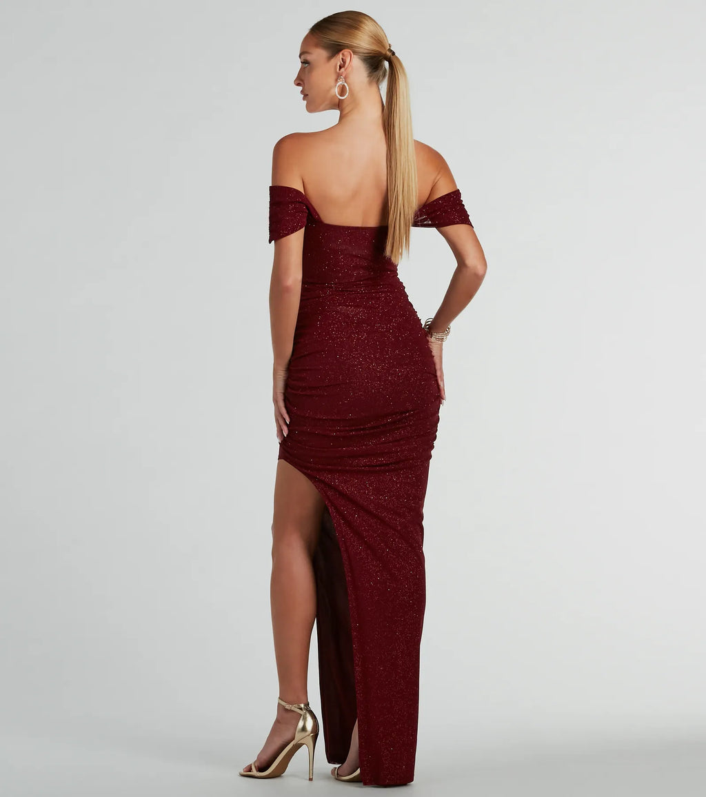 Kairi off-the-shoulder sequined mesh formal dress Wine