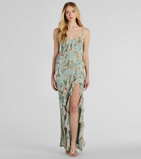 Helga V-Neck Ruffled Mermaid Floral Formal Dress Sage Ivory