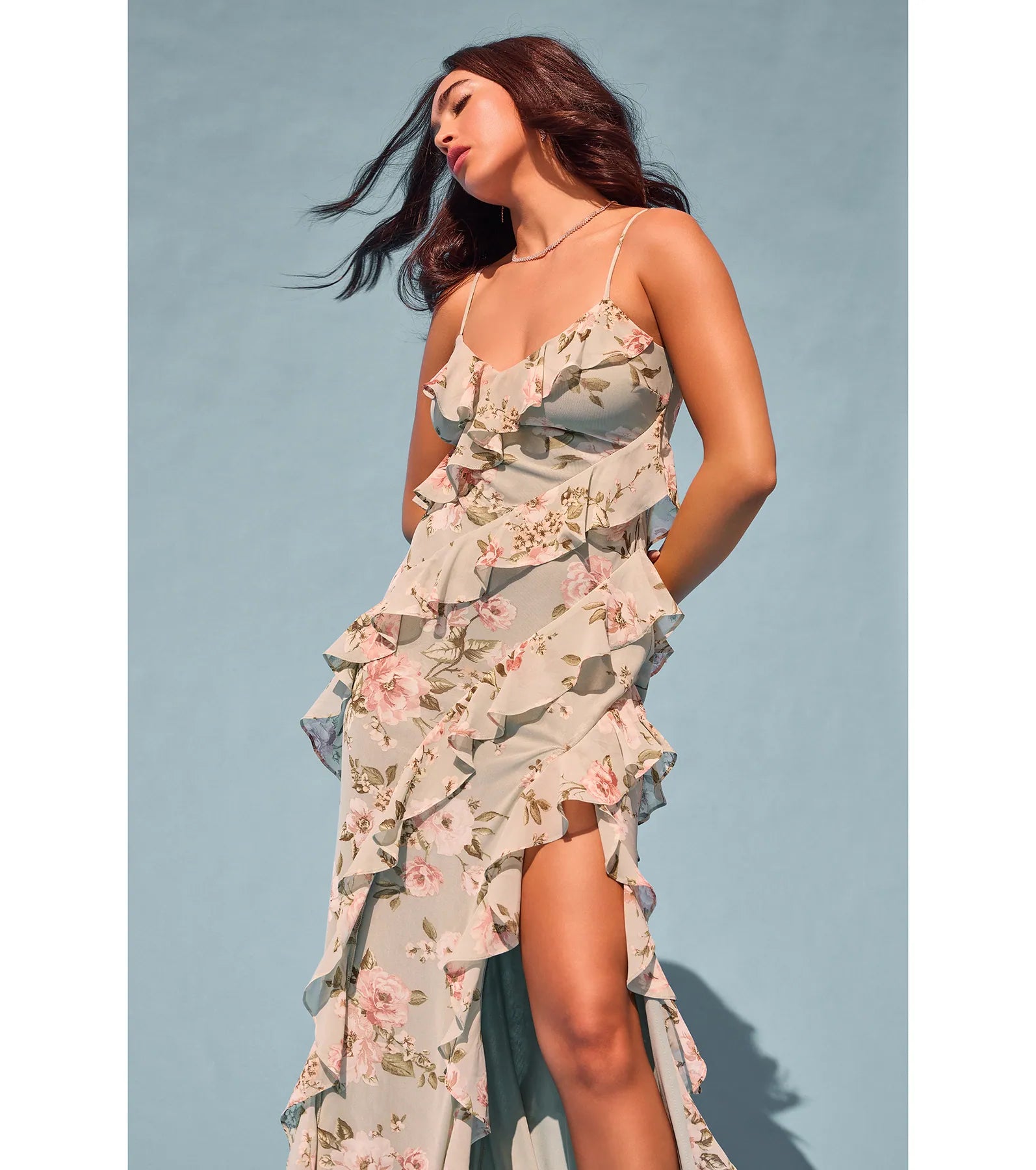 V-neck Mermaid Floral Print Spaghetti Strap Slit Asymmetric Back Zipper Stretchy Homecoming Dress With Ruffles